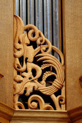 Pipe shade carving, wood carved wheat sculpture, Fritts organ, Episcopal Church of the Ascension, Seattle, WA